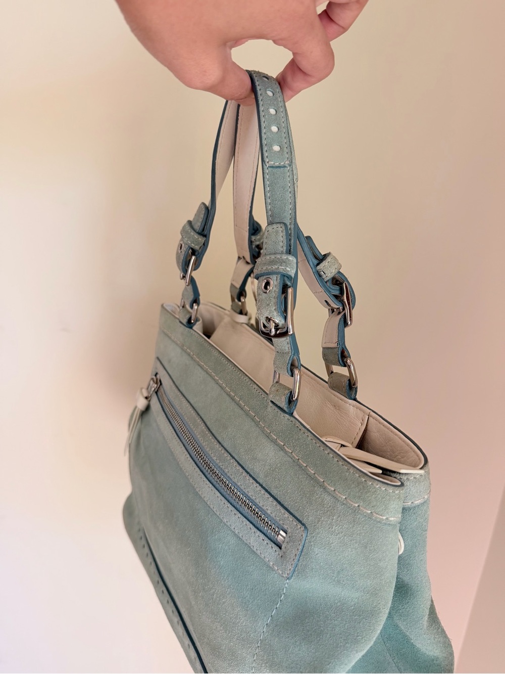Coach Hampton Suede Carryall Tote in light blue/teal - Picture 5 of 9